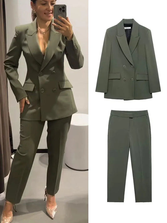 TRAF 2 Pieces Sets For Women 2024 Autumn Double Breasted Blazer Coats Zipper Straight Pant Suit Offlce Lady Fashion Outfits