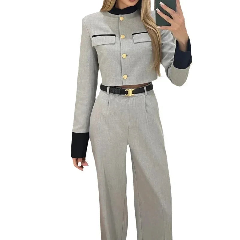 Women Fashion Color Contrast Classic Style Long Sleeve Single Breasted Top Jacket High Waist Wide-Leg Trousers Pants Set