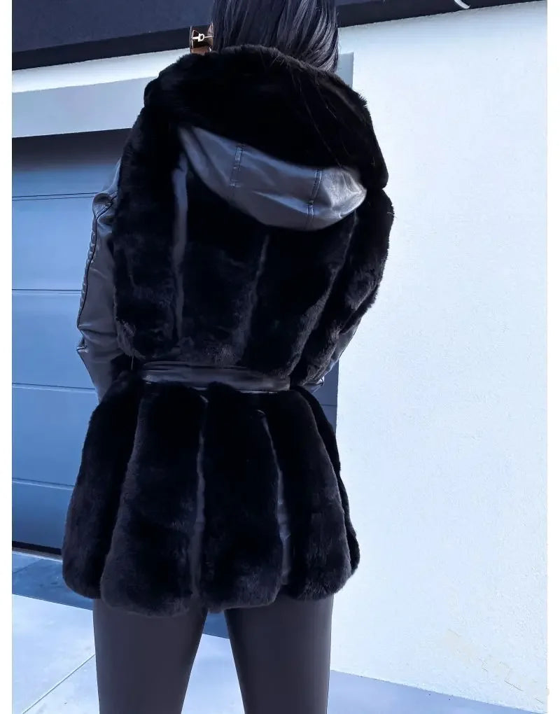 Women's Warm Faux Fur Coat with Belt, Thick Long Coat, Hooded Zipper, Autumn, Winter, New, 2022