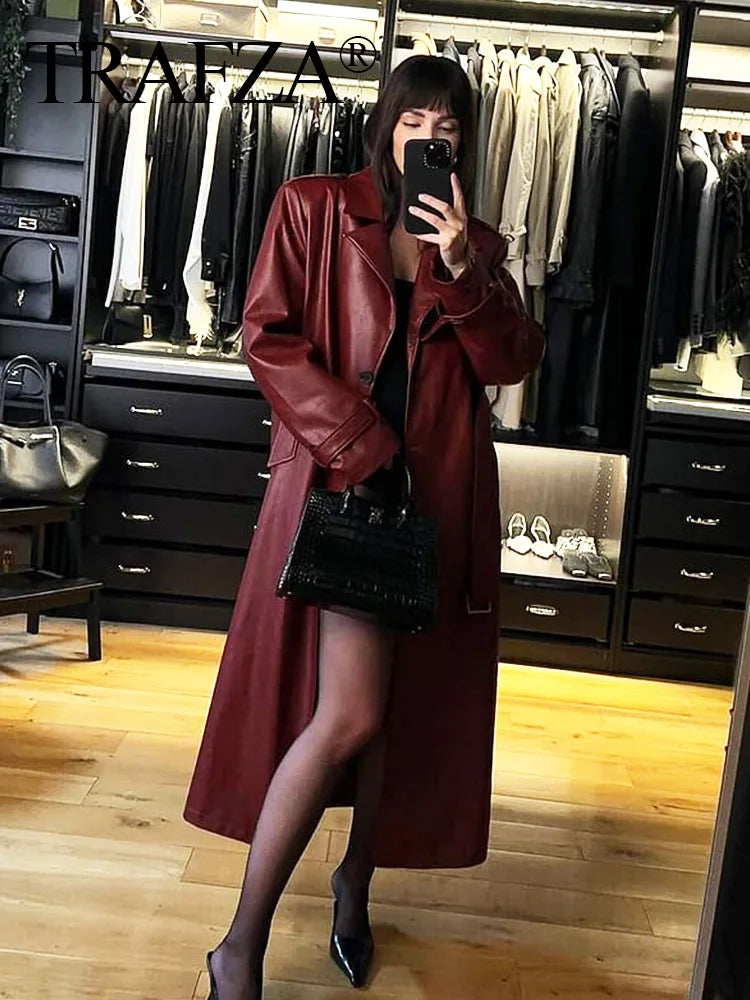 TRAFZA Women Burgundy Faux Leather Maxi Long Trench Coat Elegant Lapel Long Sleeve Jackets with Belt Female Fashion Outerwear