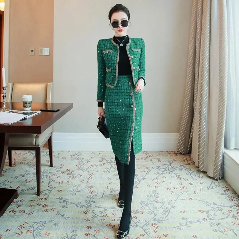 UNXX Clothes 2023 Winter Tweed Skirt Set Autumn Women's Party Suits Sequins Plaid Office Woolen Jacket Coat with  2 Piece