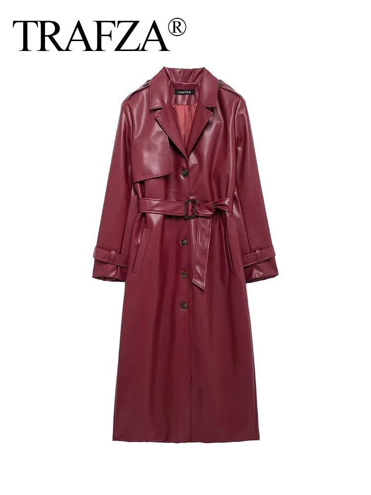 TRAFZA Women Burgundy Faux Leather Maxi Long Trench Coat Elegant Lapel Long Sleeve Jackets with Belt Female Fashion Outerwear