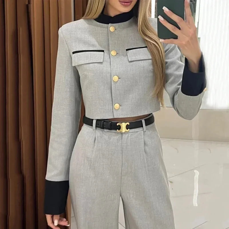 Women Fashion Color Contrast Classic Style Long Sleeve Single Breasted Top Jacket High Waist Wide-Leg Trousers Pants Set