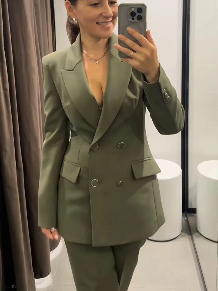 TRAF 2 Pieces Sets For Women 2024 Autumn Double Breasted Blazer Coats Zipper Straight Pant Suit Offlce Lady Fashion Outfits