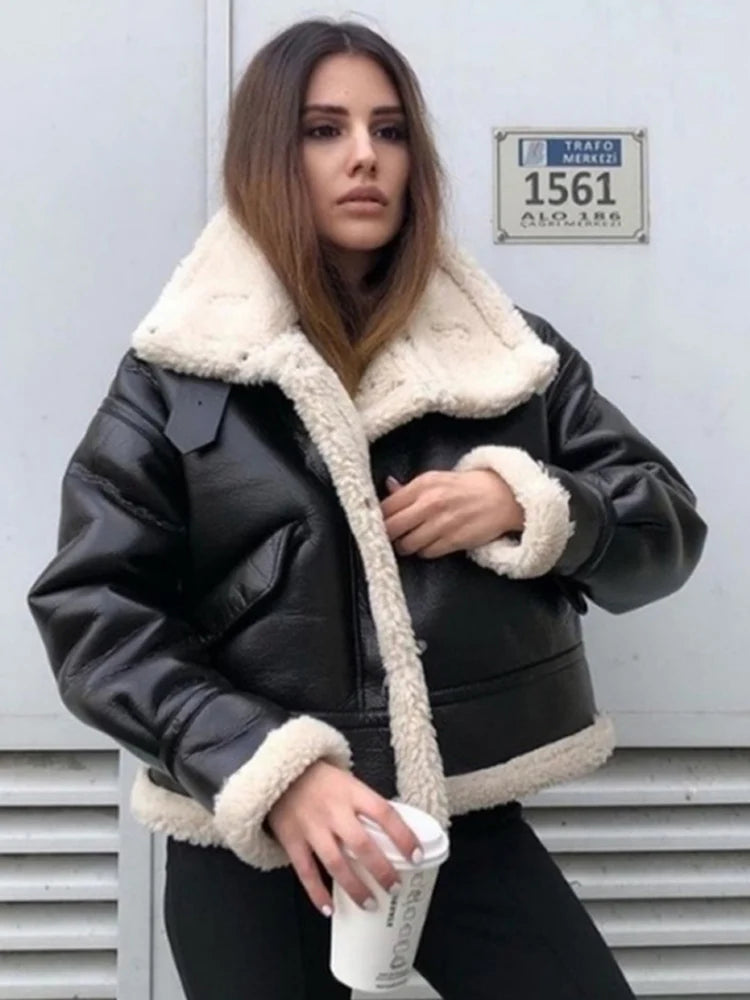 Women Warm Faux Leather Shearling Jacket Coat Vintage Thick Long Sleeve Pocket Female Outwear Fleece Lapel Casual Chic Tops 2023