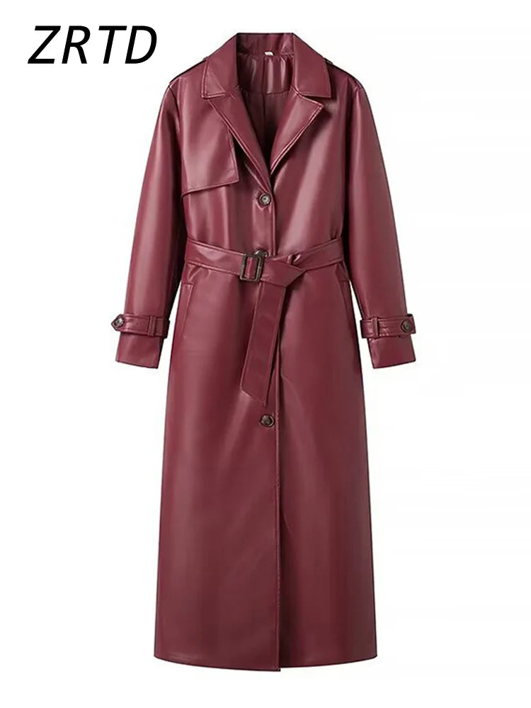 Street Women's  Burgundy Leather Overcoat With Belt Lapel Single Breasted Full Sleeve Long Coats 2024 Winter Lady Retro Outwear