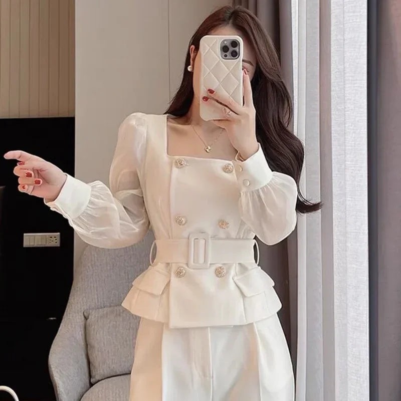 Women's 2 Pant Set White Two Pieces Sets Pants for Woman Wide Leg Party Trousers Suits Blazer and Outfits Classy Clothes