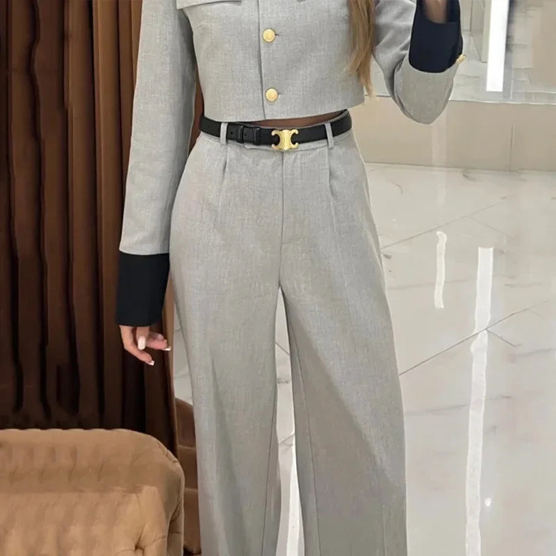 Women Fashion Color Contrast Classic Style Long Sleeve Single Breasted Top Jacket High Waist Wide-Leg Trousers Pants Set