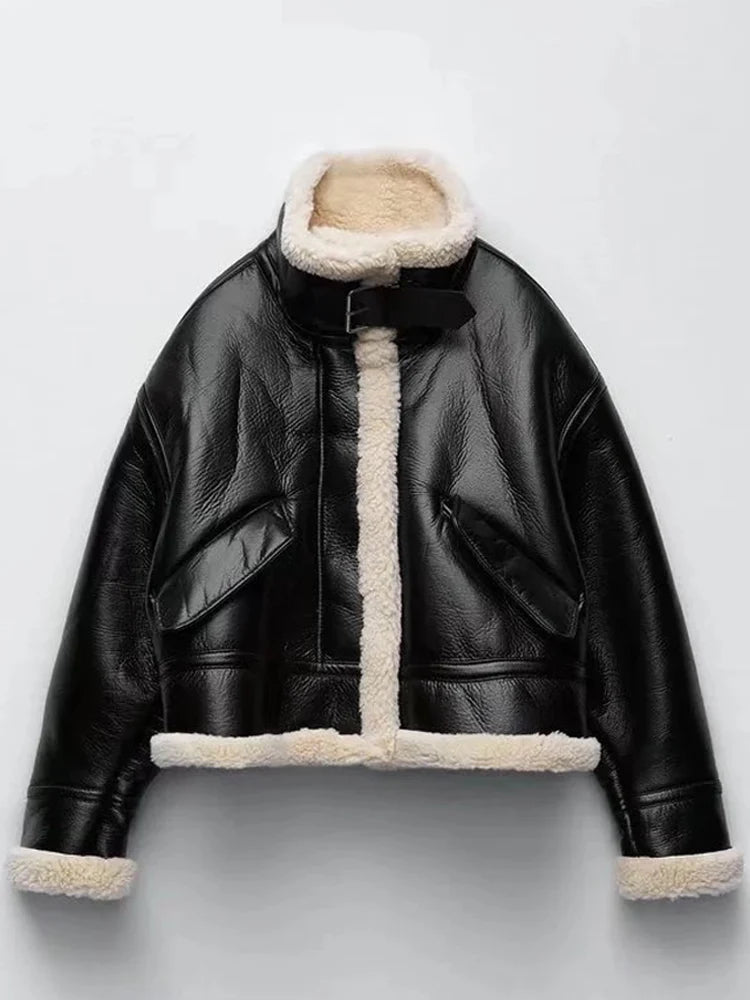 Women Warm Faux Leather Shearling Jacket Coat Vintage Thick Long Sleeve Pocket Female Outwear Fleece Lapel Casual Chic Tops 2023