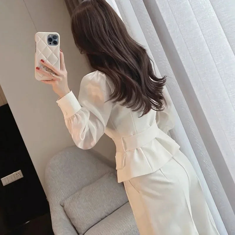 Women's 2 Pant Set White Two Pieces Sets Pants for Woman Wide Leg Party Trousers Suits Blazer and Outfits Classy Clothes