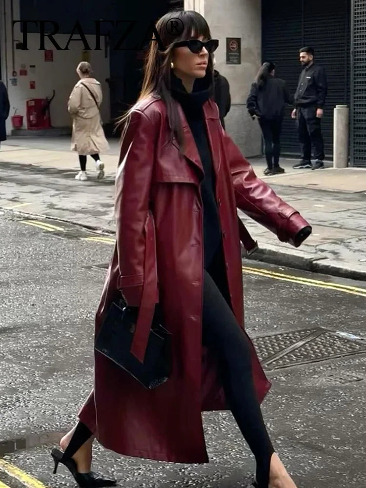 TRAFZA Women Burgundy Faux Leather Maxi Long Trench Coat Elegant Lapel Long Sleeve Jackets with Belt Female Fashion Outerwear