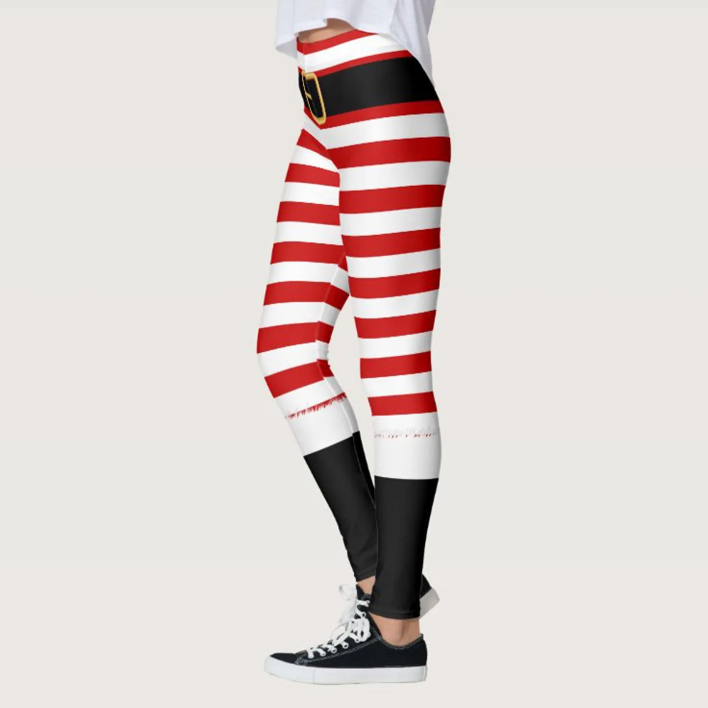 Women Christmas Leggings Striped Print Santa Claus Costumes Leggings High Waist Stretchy Xmas Party Pants New Year 2024