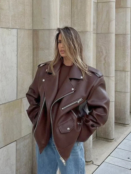 Vintage Lapel Leather Jacket Women Solid Loose Long Sleeve Zippers Pockets Coat 2024 Autumn Lady Locomotive High Street Outwears