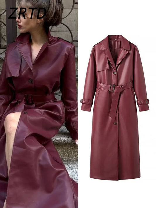 Street Women's  Burgundy Leather Overcoat With Belt Lapel Single Breasted Full Sleeve Long Coats 2024 Winter Lady Retro Outwear